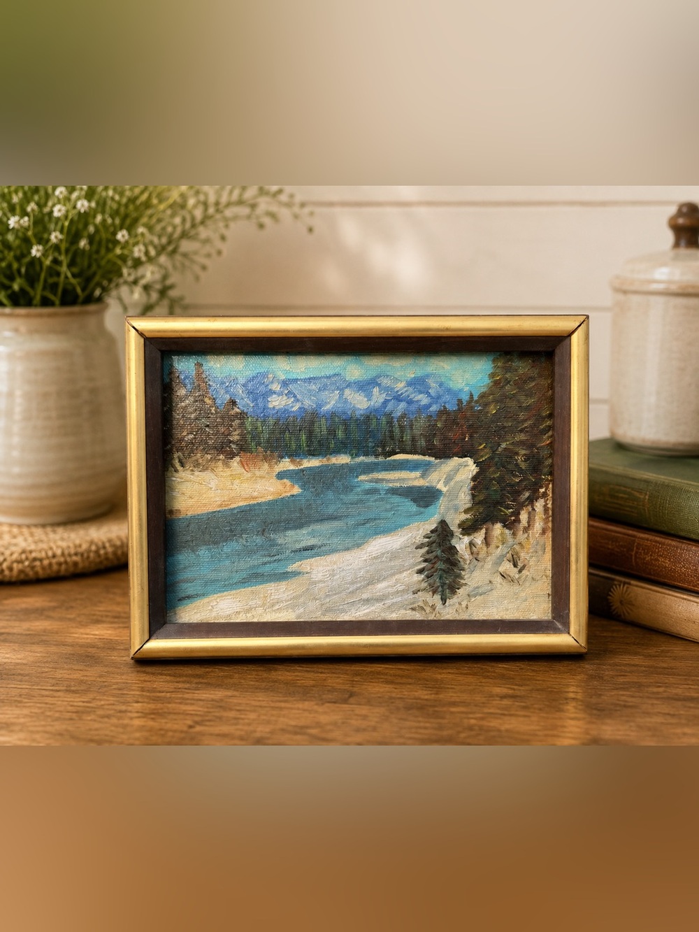 Framed Blue River Landscape Oil Painting - Unknown Brand